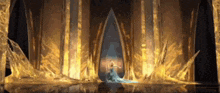 a woman in a blue dress is standing on a stage in front of a throne surrounded by ice and fire .