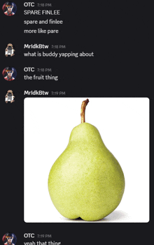 a screenshot of a discord conversation with a picture of a pear at the bottom