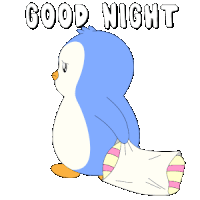 a penguin with a pillow and the words good night written above it