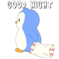 a penguin with a pillow and the words good night written above it