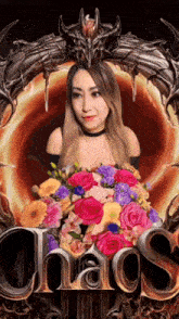 a woman is holding a bouquet of flowers in front of a chaos logo