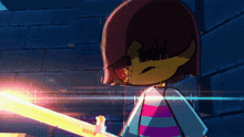 a girl in a pink and white striped shirt holds a sword
