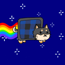 a cartoon of a dog flying through a rainbow