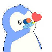 a penguin with a toy gun in its mouth