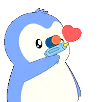 a penguin with a toy gun in its mouth