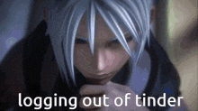 a screenshot of a video game character with the words `` logging out of tinder ''