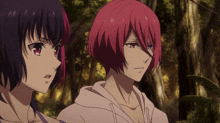 two anime characters with red hair are standing next to each other in a forest
