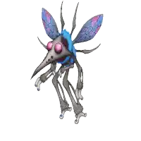 a cartoon mosquito with blue and pink wings is standing on its hind legs on a white background .