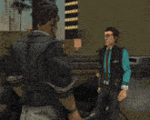 a man in a vest with the letter t on it is standing next to another man