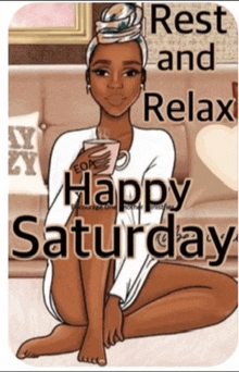 a cartoon of a woman sitting on the floor with a cup of coffee and the words rest and relax