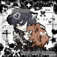 a black and white drawing of a boy and a girl with the words " kani and wahya " on the bottom right