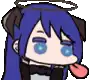 a cartoon of a girl with blue hair and a halo on her head .