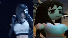 a woman in a crop top is next to a cartoon character