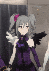 a girl with a flower in her hair is wearing a purple outfit