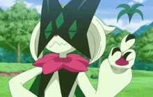 a black and white cartoon character with a pink bow tie and a palm tree in the background