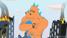 a cartoon of a rhino with a watch on his wrist stands in front of burning buildings
