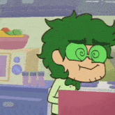 a cartoon character with green hair and green glasses is standing in a kitchen with a laptop .