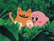 a cat and a pink cartoon character are sitting in the jungle .