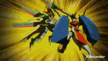 a robot with a shield is flying through the air with a yellow background and the word xrecorder in the corner