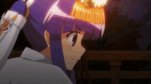 a purple haired anime character with a gold crown on her head