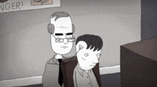 a cartoon of a man sitting next to another man with a poster behind them that says danger