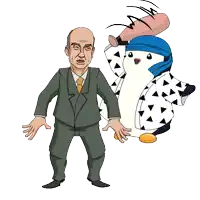 a cartoon of a man and a penguin with a blue headband