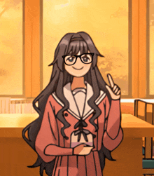 a girl wearing glasses and a school uniform points upwards
