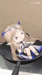 a cartoon character is sitting in a frying pan with the letters lq on the bottom