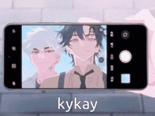 a phone is taking a picture of two anime characters .