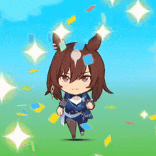 a cartoon character is running in a field surrounded by confetti and stars .