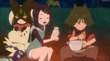 a cartoon of a girl holding a bottle of milk and a boy holding a bowl