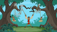 a cartoon of a man holding a pulley while two children swing on a swing