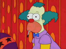 a cartoon clown is smoking a cigarette in front of a red background