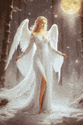 a woman in a white dress with angel wings stands in the snow