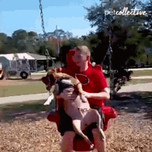 a man is holding a dog on a swing with the petcollective written on the bottom