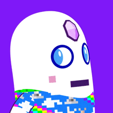 a white cartoon character with blue eyes and a purple diamond on his forehead