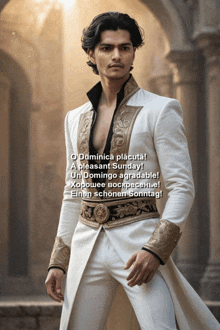 a man in a white and gold suit is standing in front of a stone archway