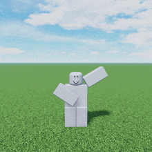 a white roblox character is standing in a grassy field