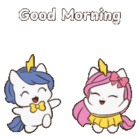 a cartoon of two unicorns saying good morning with the sun in the background