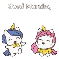 a cartoon of two unicorns saying good morning with the sun in the background