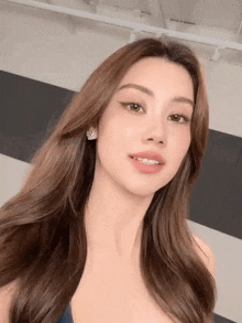 a woman with long brown hair is looking at the camera .