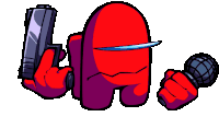 a red among us character is holding a gun and microphone .