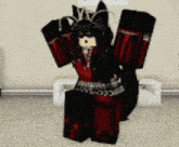 a girl in a red and black outfit is standing on a carpet