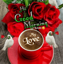 a cup of coffee sitting on a saucer next to a bouquet of red roses .
