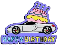 a car with a birthday cake on top of it and the words happy birthday