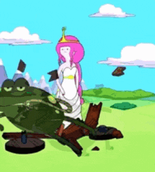 princess bubblegum from adventure time is riding on the back of a giant frog .
