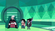 two cartoon characters are standing next to each other in a room with a green background