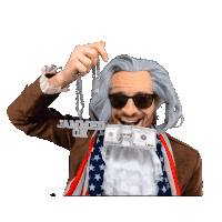 a man wearing a wig and sunglasses is holding a chain that says jamming on