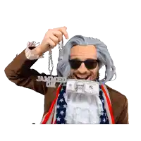 a man wearing a wig and sunglasses is holding a chain that says jamming on