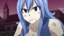a girl with blue hair has a tattoo on her arm that says ' aa '